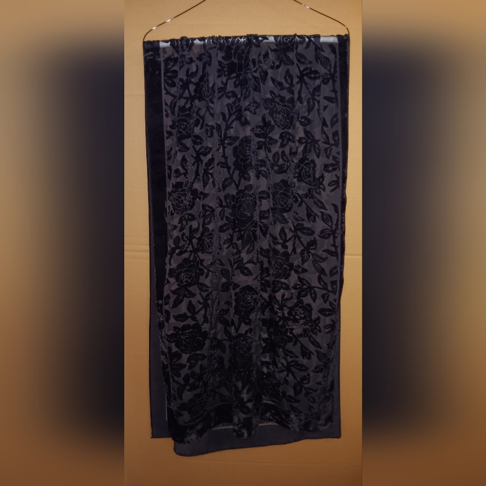 Long Elegant Black Floral Velvety And Sheer Scarf